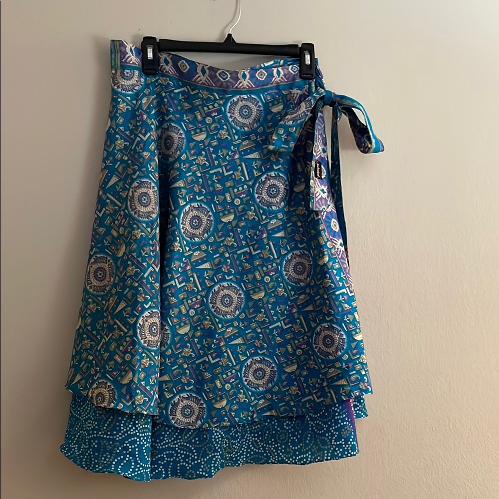 Blue and White Wrap Midi Skirt with Tie Front